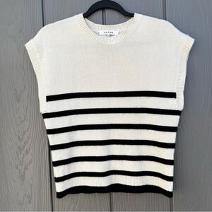 FRAME The Cashmere Easy Crew Striped Knit sweater Vest Beige Black 100% Cashmere